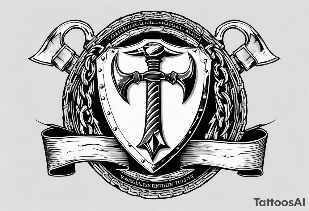 Valhalla round shield axe barbed wire chains tattoo idea
