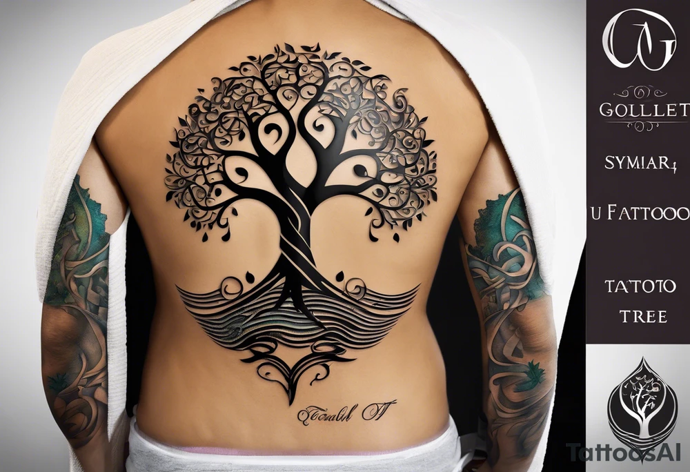 A tattoo design that incorporates the following elements: an abstract tree of life that has roots emerging  from the ground. Waves of water wrap around the tree in a non symmetrical design.  Incorporate musical notes into the tree. the letters U and A are overlapping and engraved into the tree. A golf flag incorporated but not prominent tattoo idea