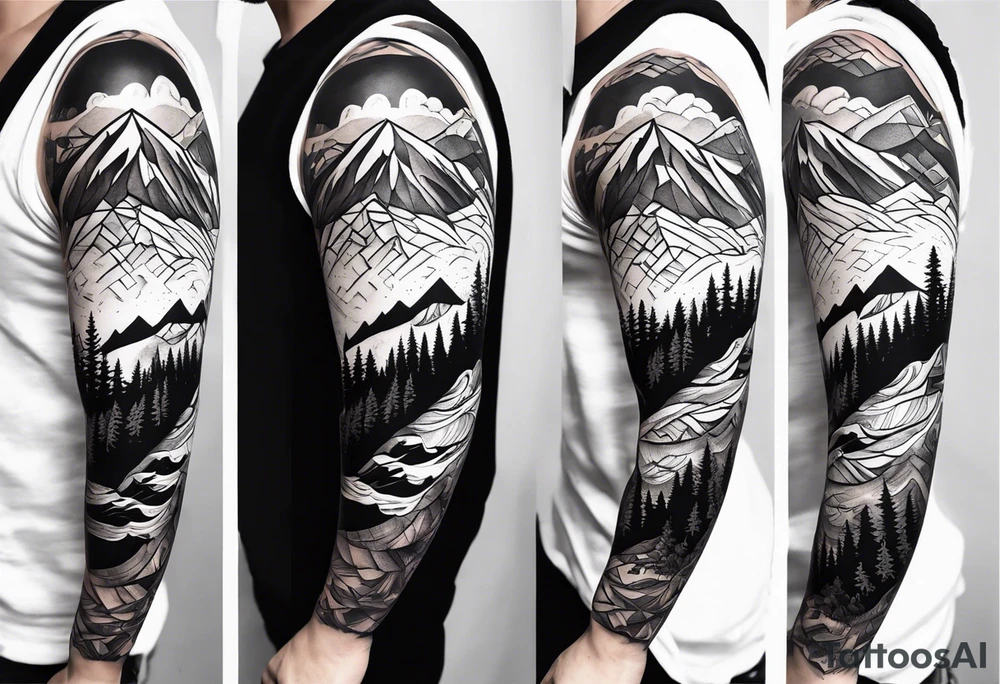 Full arm sleeve tatto that symbolises Family Love, memories of deceased family, mental health, Mountain adventures tattoo idea