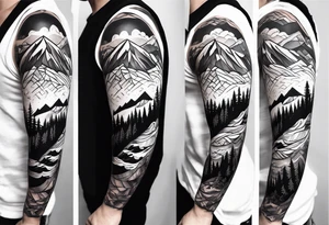 Full arm sleeve tatto that symbolises Family Love, memories of deceased family, mental health, Mountain adventures tattoo idea