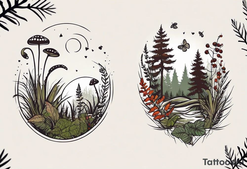forest floor inspired minimalist tattoo, which includes grass, curly ferns, moss and dead leaves as the bulk of the tattoo. details to include: forest berries, a tiny bumblebee flying nearby, three small brown mushrooms
Generate a vertically long one tattoo idea