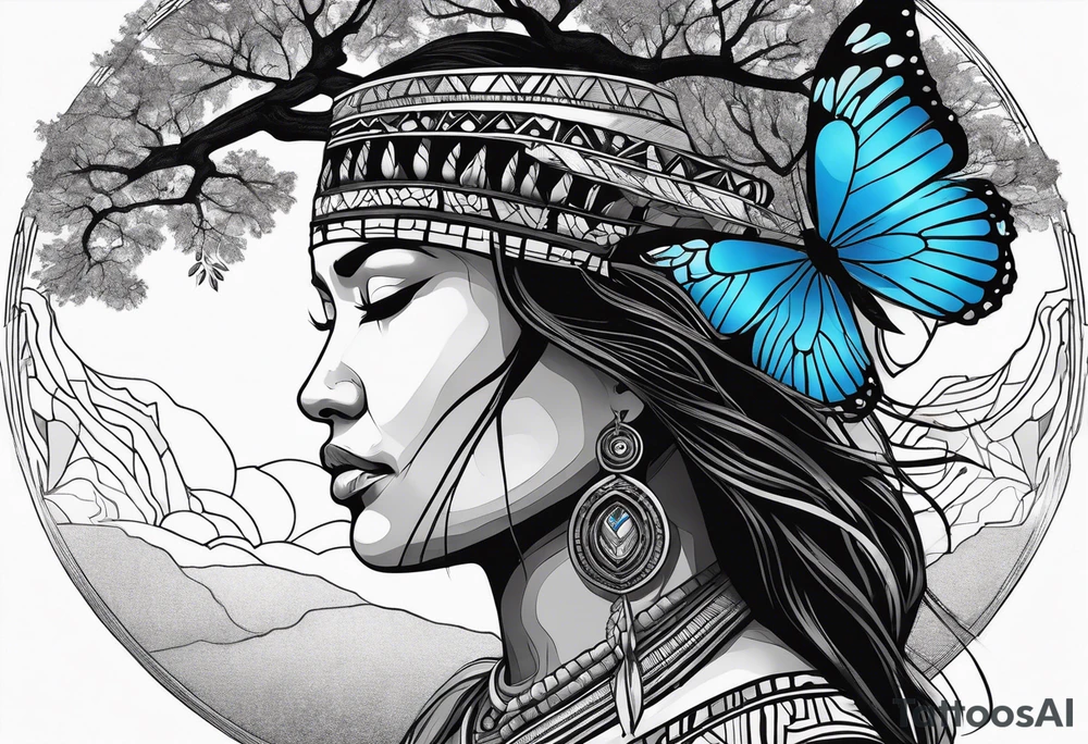 Tree with upper left branches forming a native American woman's face as she looks down onto the trees base and a lonely woman kneels there with 1 blue butterfly tattoo idea