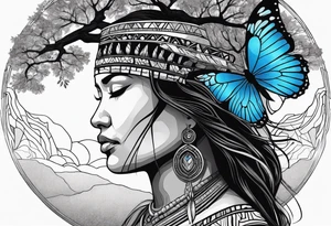 Tree with upper left branches forming a native American woman's face as she looks down onto the trees base and a lonely woman kneels there with 1 blue butterfly tattoo idea