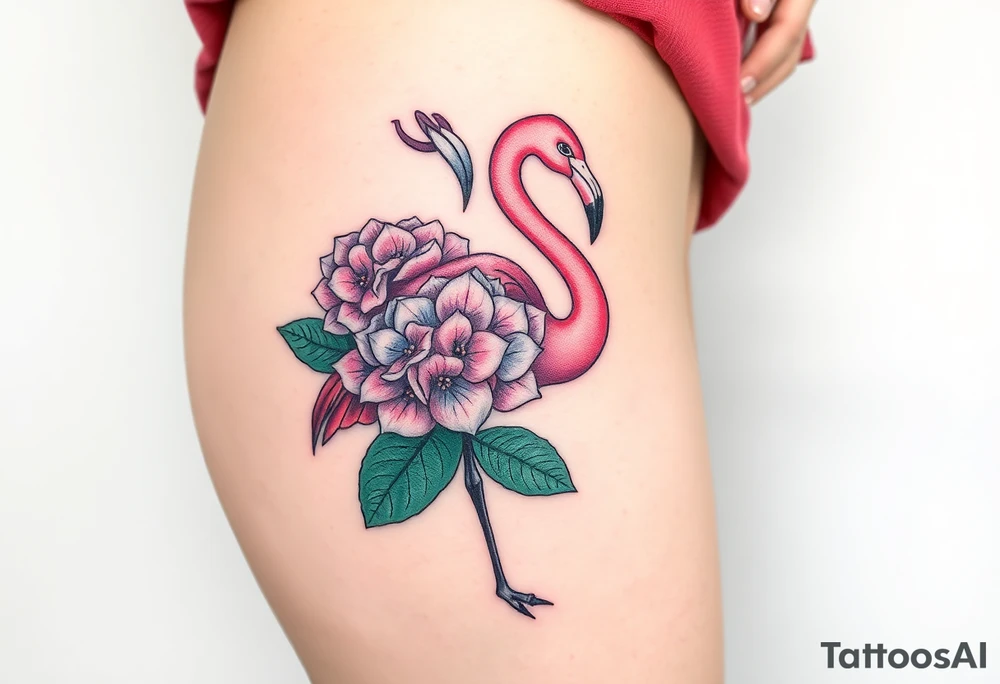 Flamingo made of hydrangea tattoo idea