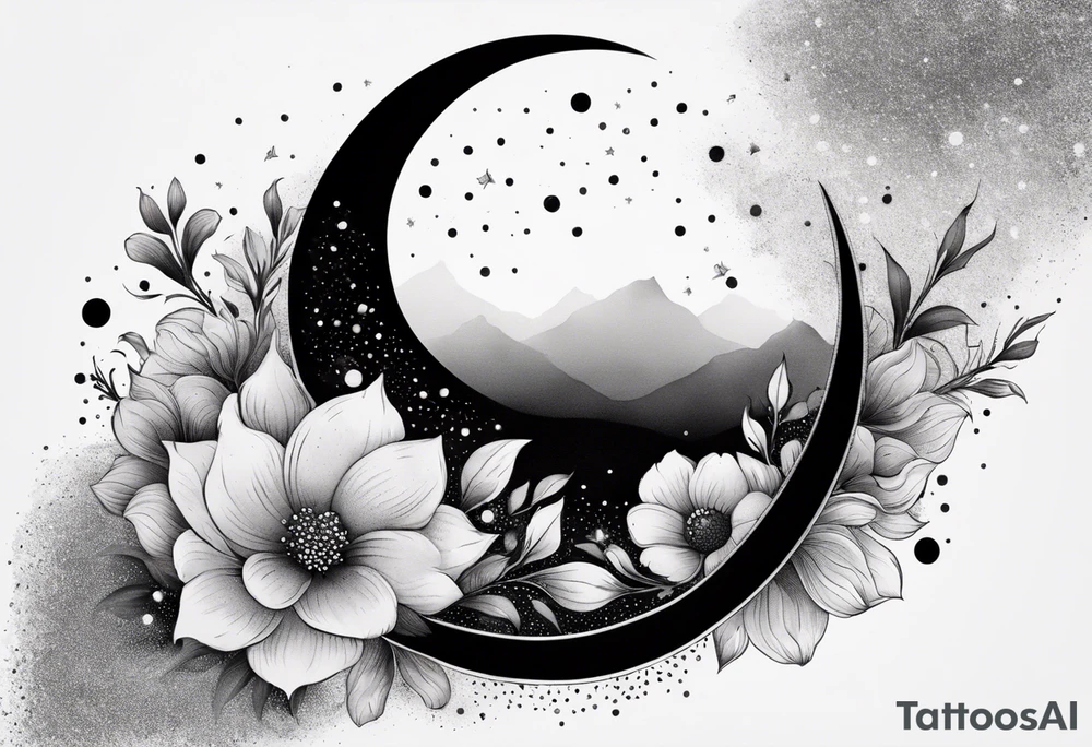Crescent moon with a heart inside, shrouded by beautiful flowers with wisps of mist tattoo idea