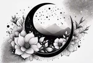 Crescent moon with a heart inside, shrouded by beautiful flowers with wisps of mist tattoo idea