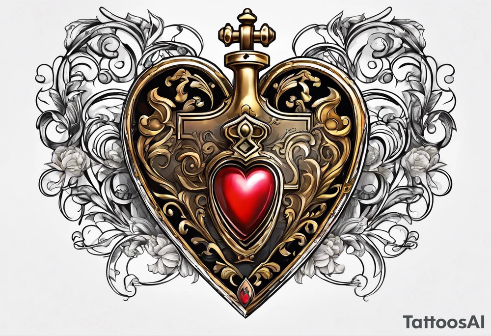 vintage heart lock and ket tattoo idea