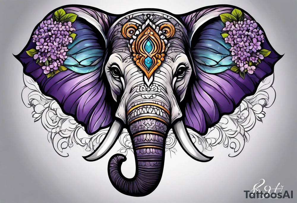 Half elephant face half lilacs tattoo idea