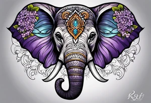 Half elephant face half lilacs tattoo idea