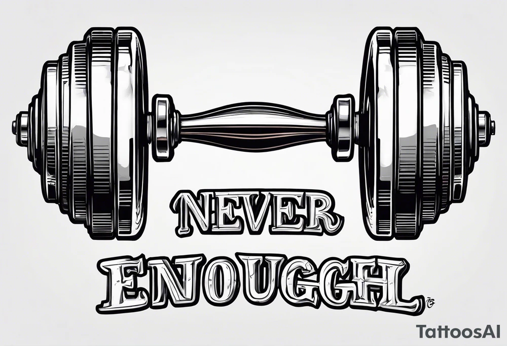 Dumbell with writing text : never enough tattoo idea