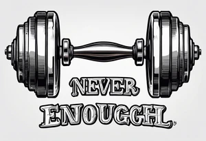 Dumbell with writing text : never enough tattoo idea