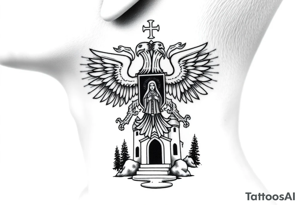 russian coat of arms double headed eagle traditional christian orthodox cross with a virgin mary stood in the entrance of a russian orthodox dome church on the side of the neck in a wilderness setting tattoo idea