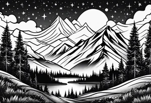 Lighter shaded night sky with stars, Night sky fading at edges, Mountains,Trees with snow on them tattoo idea