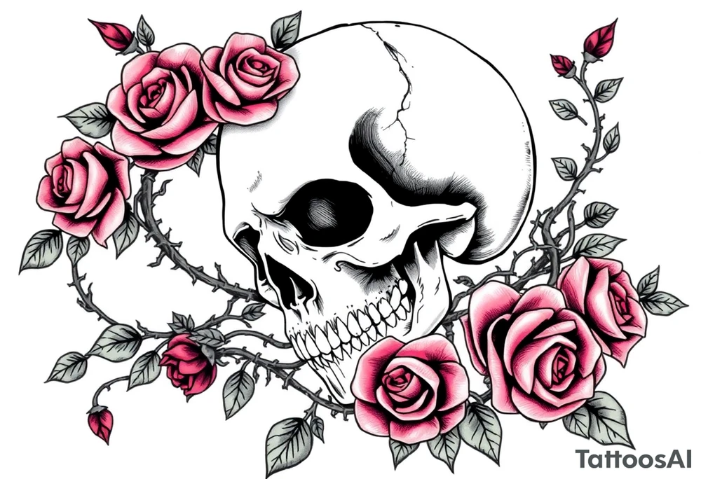 gothic skull intertwined with climbing roses and thorny vines tattoo idea