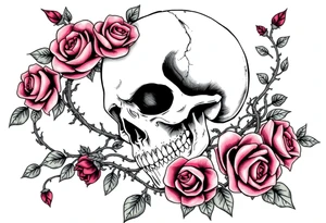 gothic skull intertwined with climbing roses and thorny vines tattoo idea