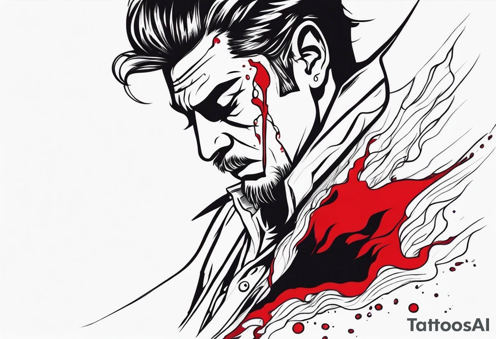 Bleeding tear flows to down from red eye Man sleeve tattoo design tattoo idea