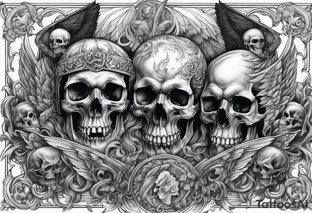 Angels fighting demons over fire with skulls in the background tattoo idea