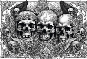 Angels fighting demons over fire with skulls in the background tattoo idea