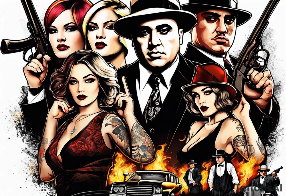 group of gangsters  with bonnie & clyde with Al Capone and machine gunns with smoke and fire and sexy females tattoo idea