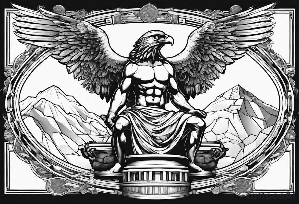 A greek god, chained to a Rock, Eagle flying over His head tattoo idea