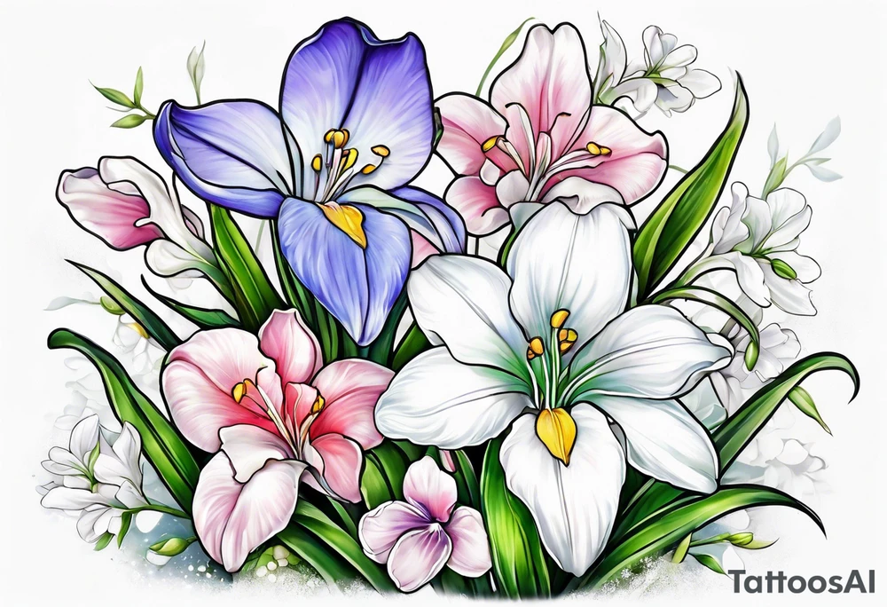 snowdrop, iris, cherry blossom, daisy, morning glory bouquet tattoo idea