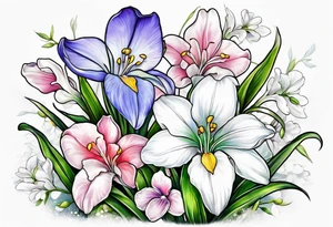 snowdrop, iris, cherry blossom, daisy, morning glory bouquet tattoo idea