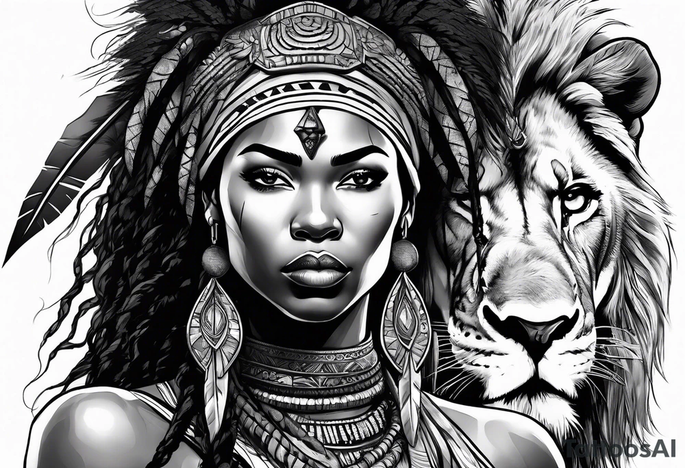 African woman warrior holding a spear with a mean look on her face with birds in the background and lion tattoo idea