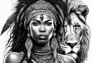 African woman warrior holding a spear with a mean look on her face with birds in the background and lion tattoo idea