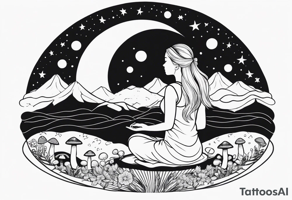 Straight blonde hair girl meditating facing away toward mountains surrounded by mushrooms crescent moon mandala circular design black and white striped dress tattoo idea