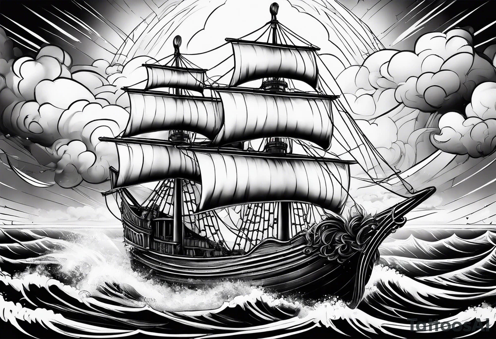 fairy Ship on the sea with storm clouds and lightning tattoo idea