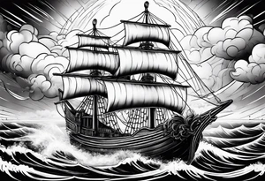 fairy Ship on the sea with storm clouds and lightning tattoo idea