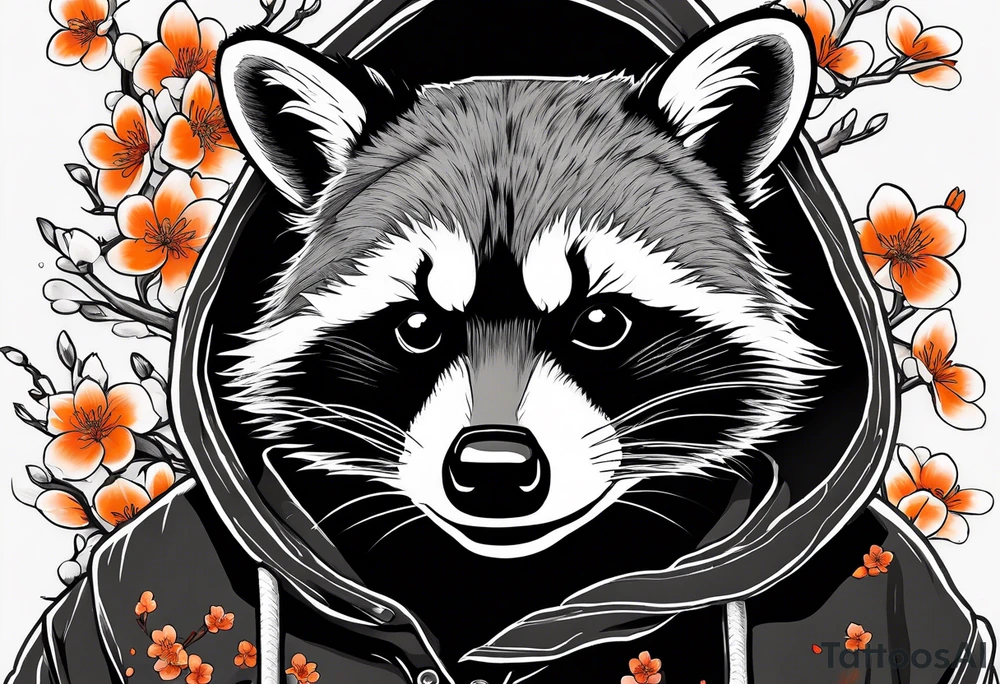 Raccoon wearing a white Superman logo on a black hoodie and orange Japanese cherry blossoms tattoo idea