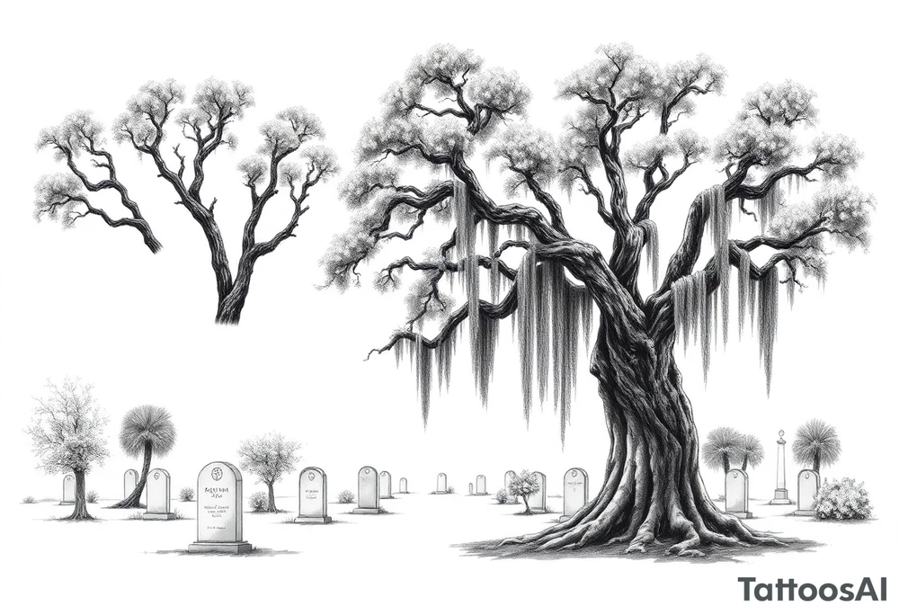 Laurel oaks with Spanish moss in a cemetery tattoo idea