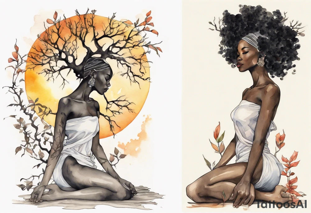 a beautiful black woman with feet that turn into tree roots, reaching towards the sun tattoo idea