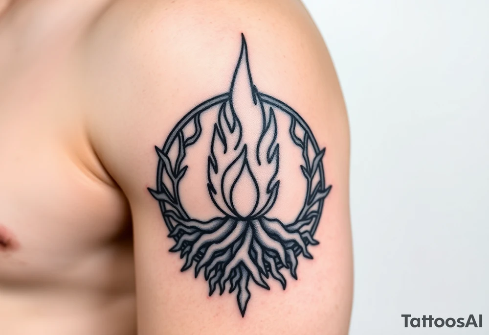 flame in a blooming roots circle tattoo idea