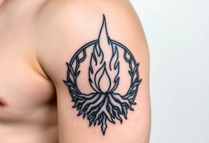 flame in a blooming roots circle tattoo idea