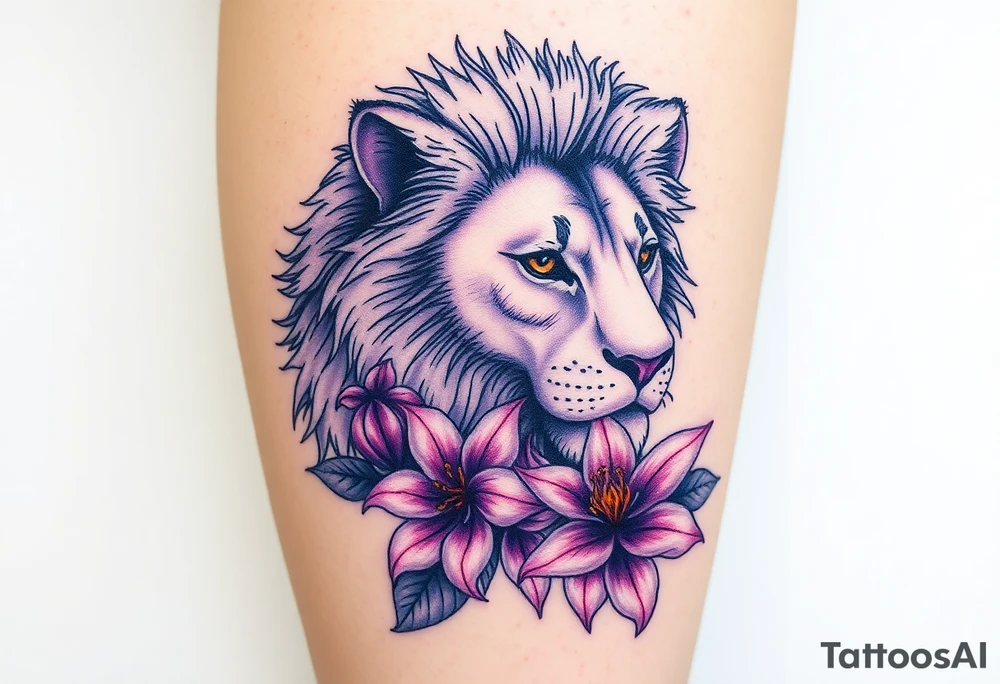 Lion with larkspur and water lilies tattoo idea