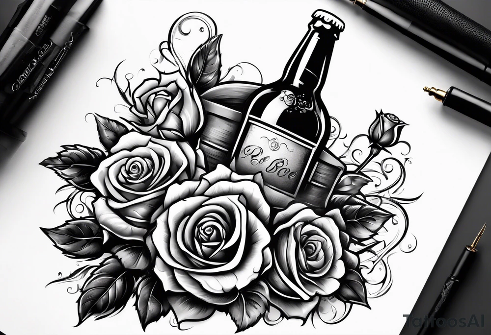 A bottle of beer and a stalk of rose in the bucket tattoo idea