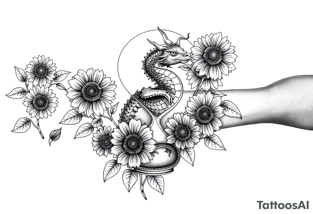 Hourglass climbing roses with sunflowers dragon peeking through tattoo idea