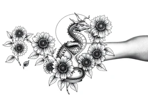 Hourglass climbing roses with sunflowers dragon peeking through tattoo idea