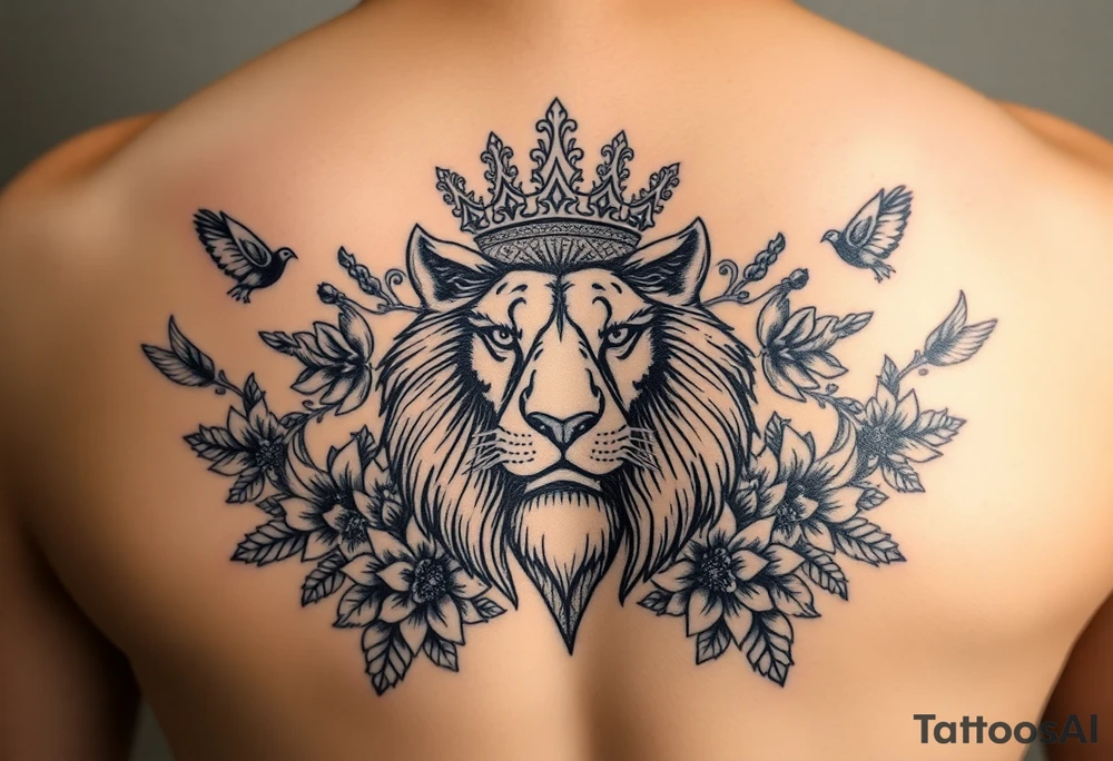 powerful majestic lion with a crown, surrounded by floral ornaments and birds tattoo idea