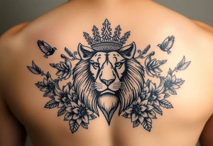 powerful majestic lion with a crown, surrounded by floral ornaments and birds tattoo idea