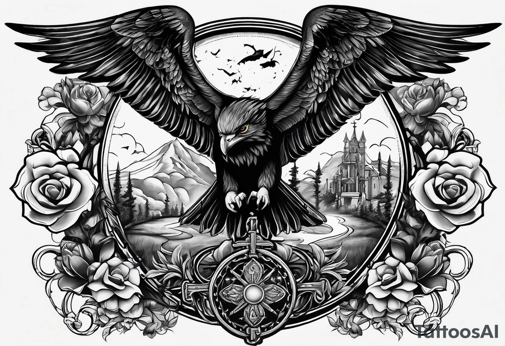 idea of pain for glory in life, discipline and catholic religion. Tattoo on the back. love to animals tattoo idea