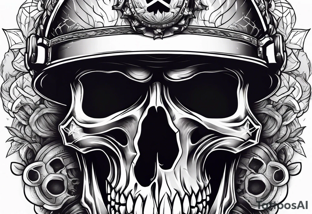Skull with helmet on and hellfire coming down tattoo idea Skull with helmet on and hellfire coming down tattoo idea