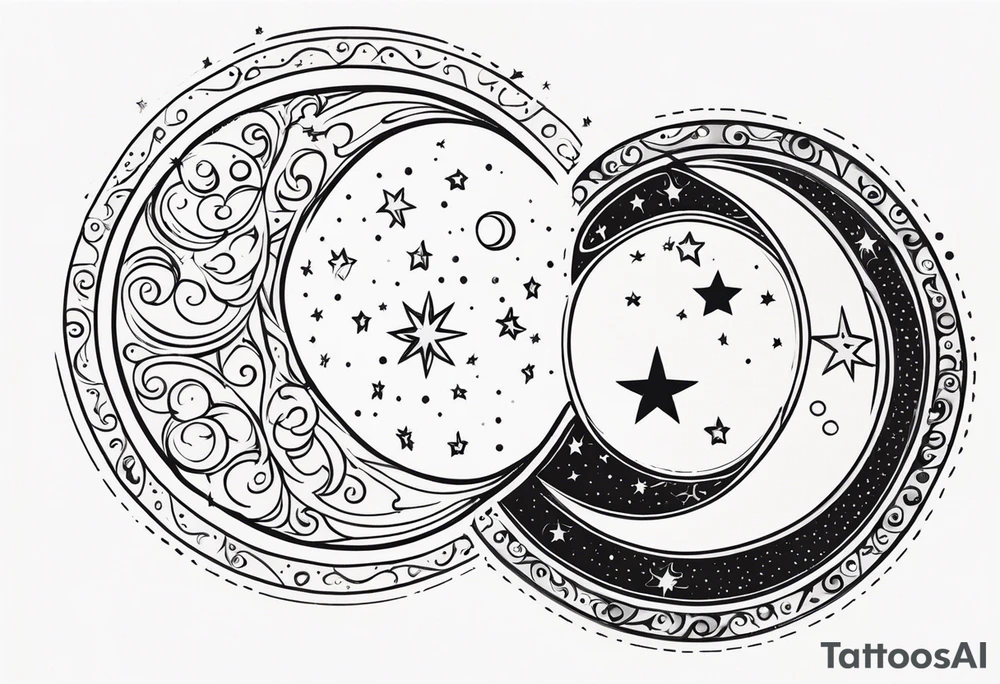 Western sun stars and moon. Mirrored with swirls and dots and stars tattoo idea