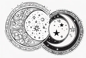 Western sun stars and moon. Mirrored with swirls and dots and stars tattoo idea