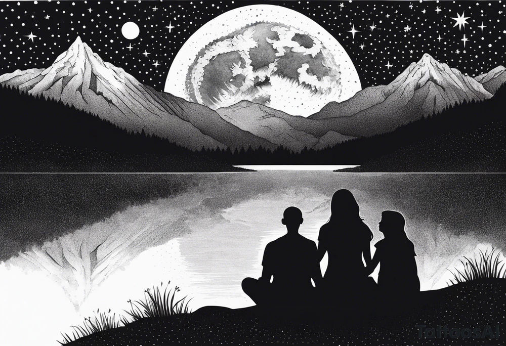a family of three sitting in a nature with mountains, waterfall, water, and a cross in the background and and moon in the sky with stars tattoo idea