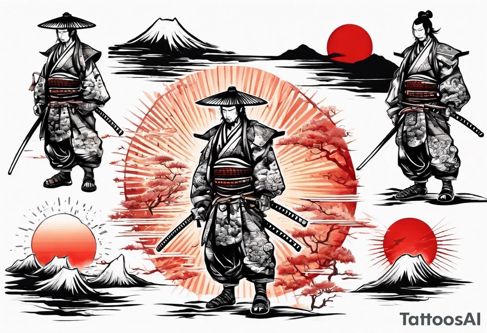 Samurai standing under red sun tattoo idea