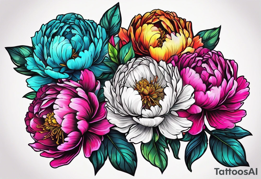 beautiful. colorful, neon, multicolored peony, white background, highly detailed, new school, new school style, street style, streetwear, urban wear tattoo idea