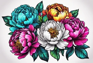 beautiful. colorful, neon, multicolored peony, white background, highly detailed, new school, new school style, street style, streetwear, urban wear tattoo idea